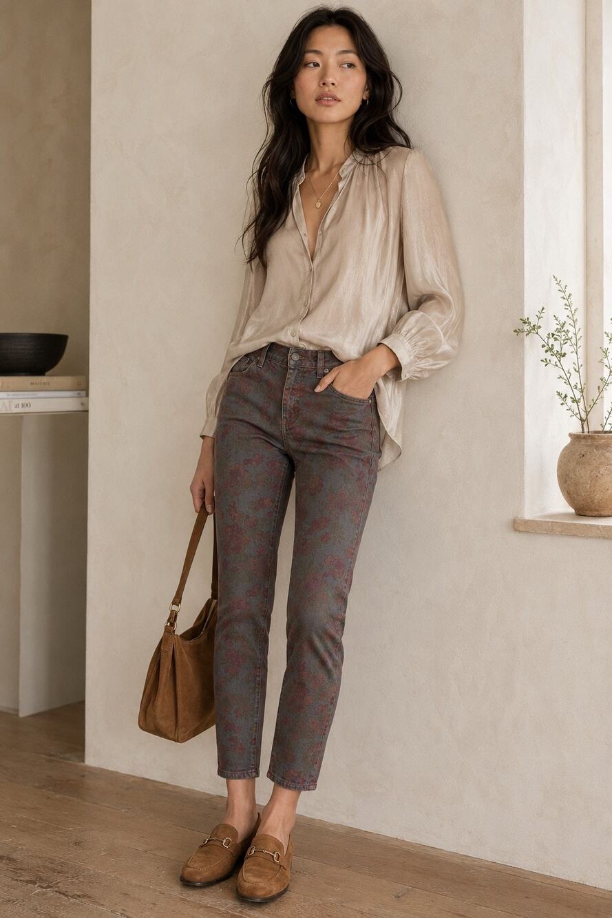 PAIGE Skyline Ankle Peg Jeans Gray Burgundy Floral Print Skinny Ankle Denim USA
